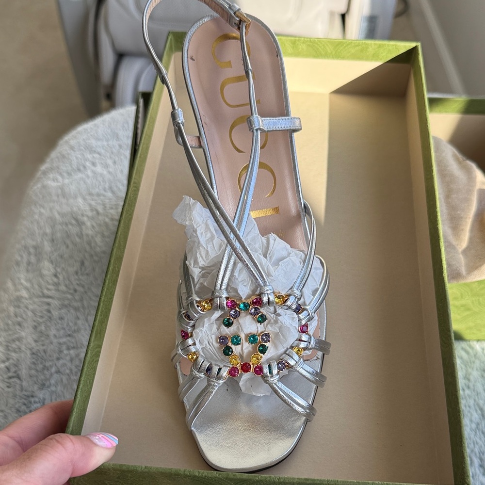 Gucci Silver Sandals with Colorful Gems